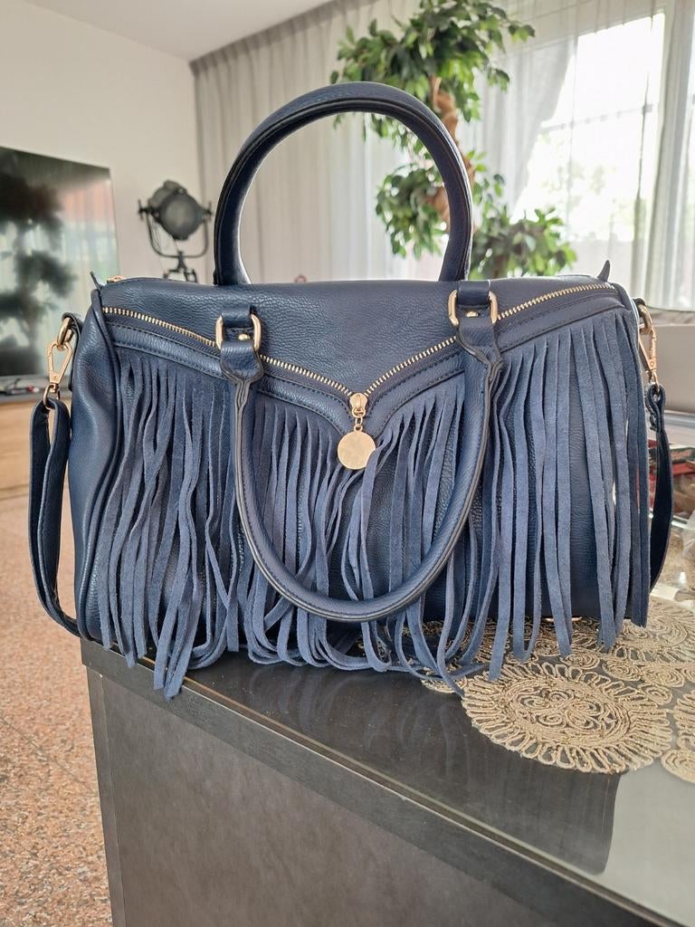 Donkerblauwe handtas met franjes, Sieraden, Tassen en Uiterlijk, Tassen | Damestassen, Ophalen of Verzenden, Zo goed als nieuw