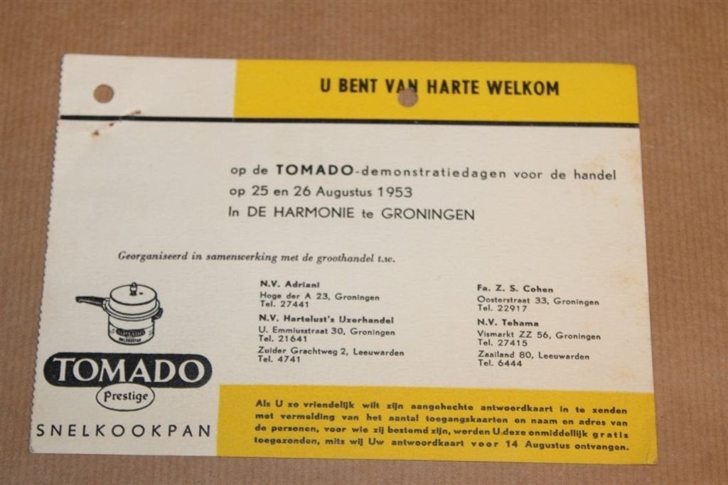 Zeldzame brochure/uitnodiging Tomado demonstratie 1953, Ophalen of Verzenden, Gebruikt, Overige typen