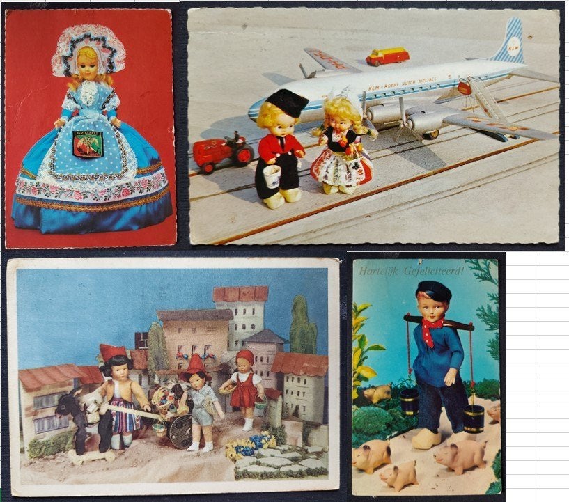 4 oude poppenkaarten, Verzamelen, Ansichtkaarten | Themakaarten, Ophalen of Verzenden, 1960 tot 1980, Gelopen
