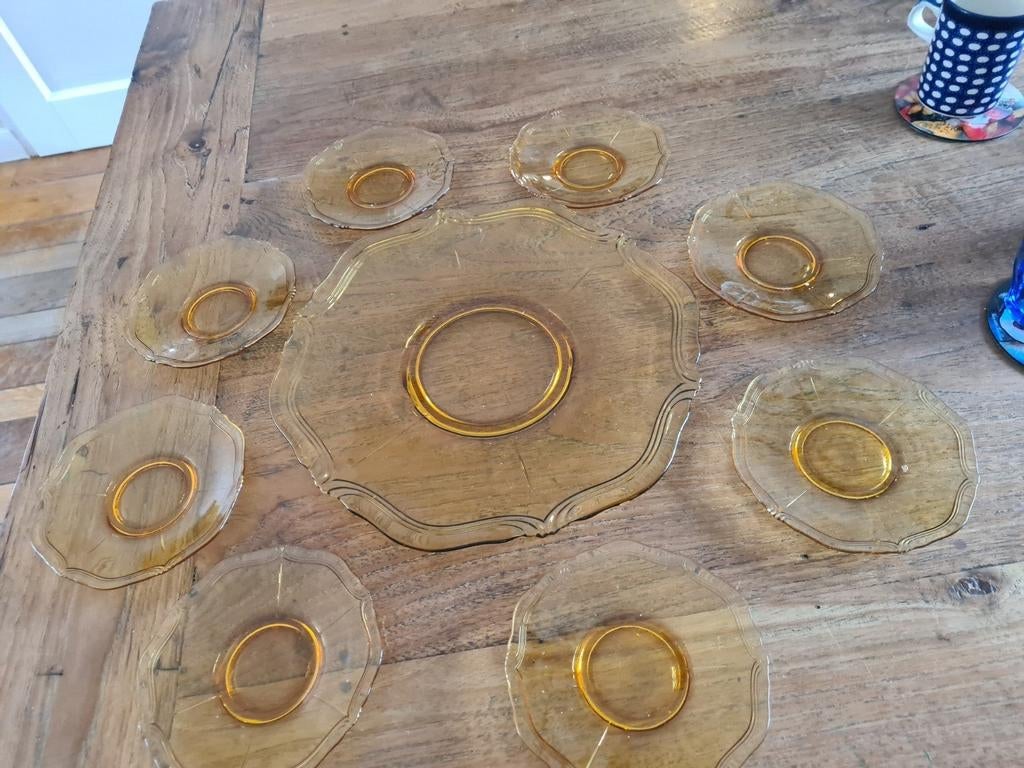 Vintage gebakstel glaswerk set - schaal en schotels, Ophalen of Verzenden
