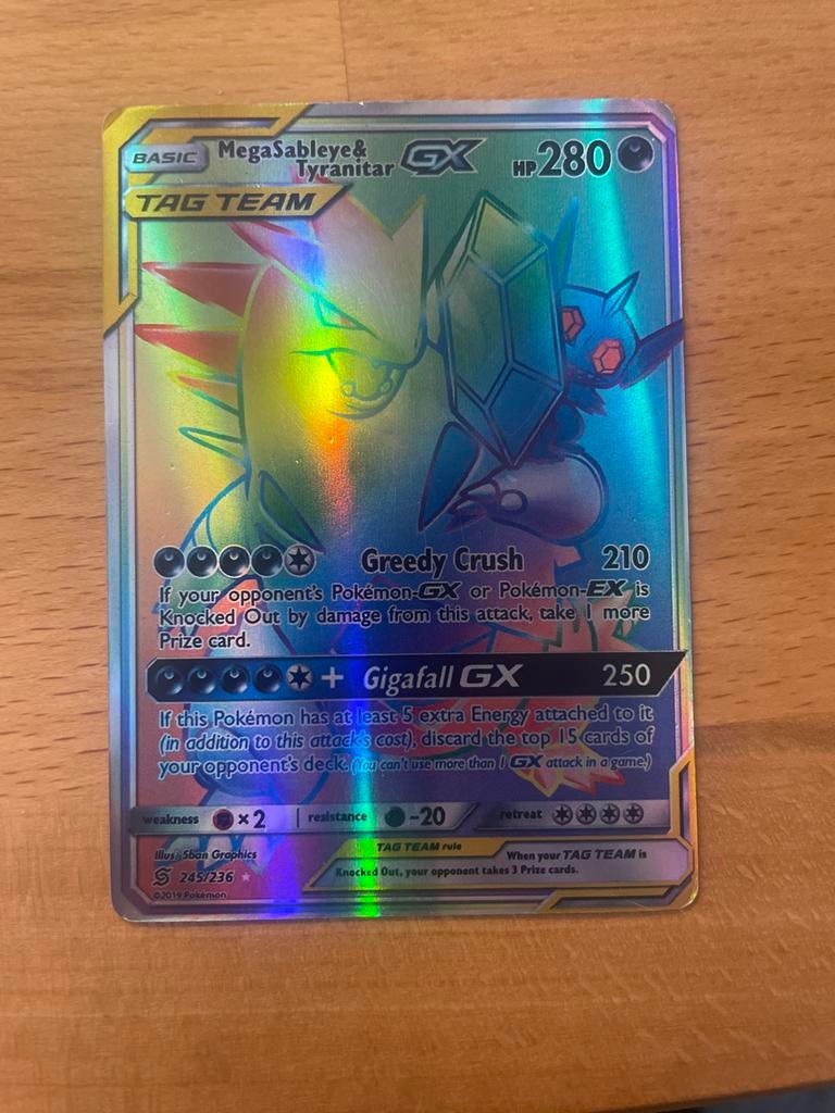 Pokémon Kaart: Mega Sableye & Tyranitar GX (Rainbow Rare), Ophalen of Verzenden, Zo goed als nieuw, Losse kaart, Foil