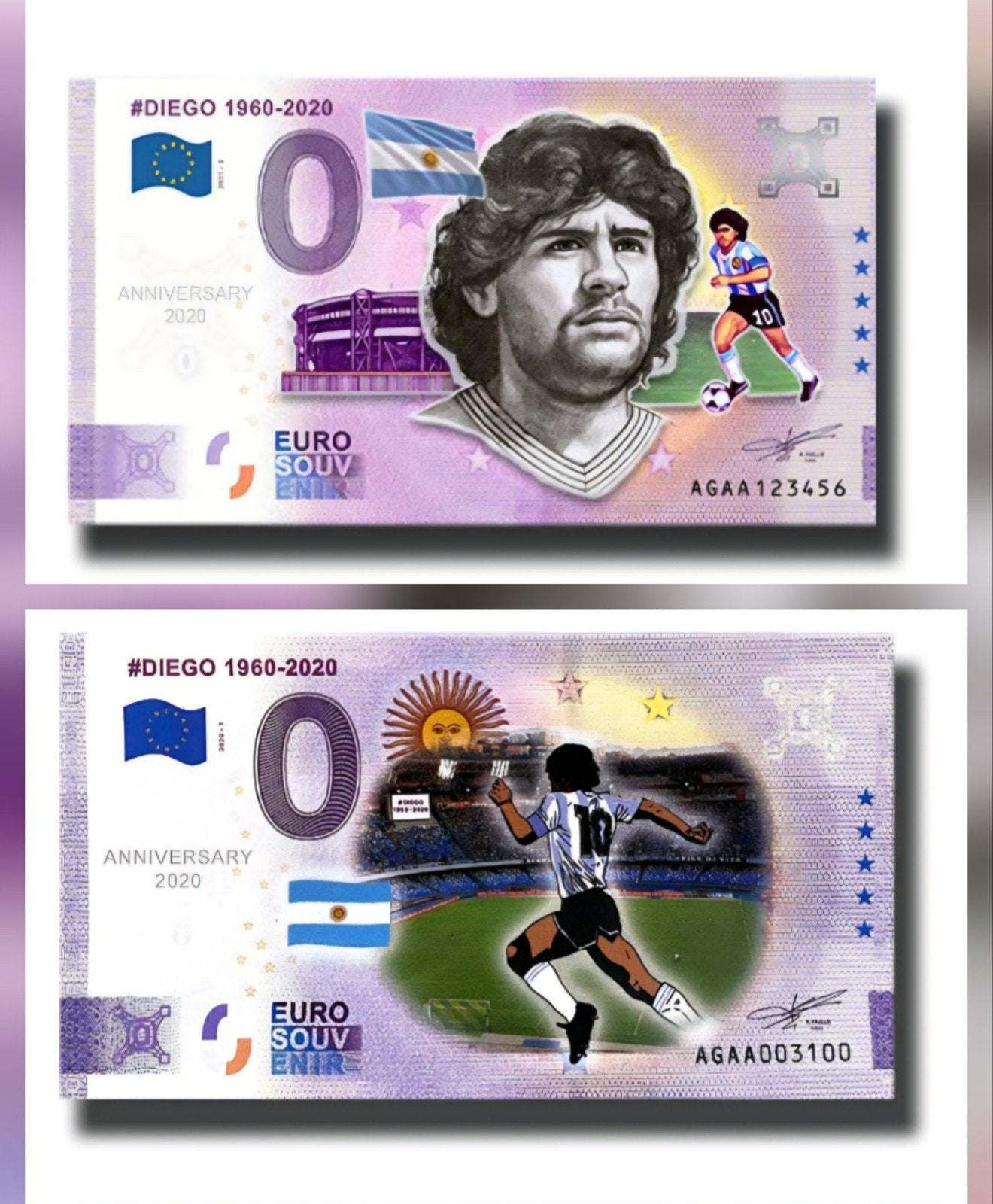 2 Diego Maradona Anniversary Kleur biljetten, Ophalen of Verzenden, Overige landen, 100 euro