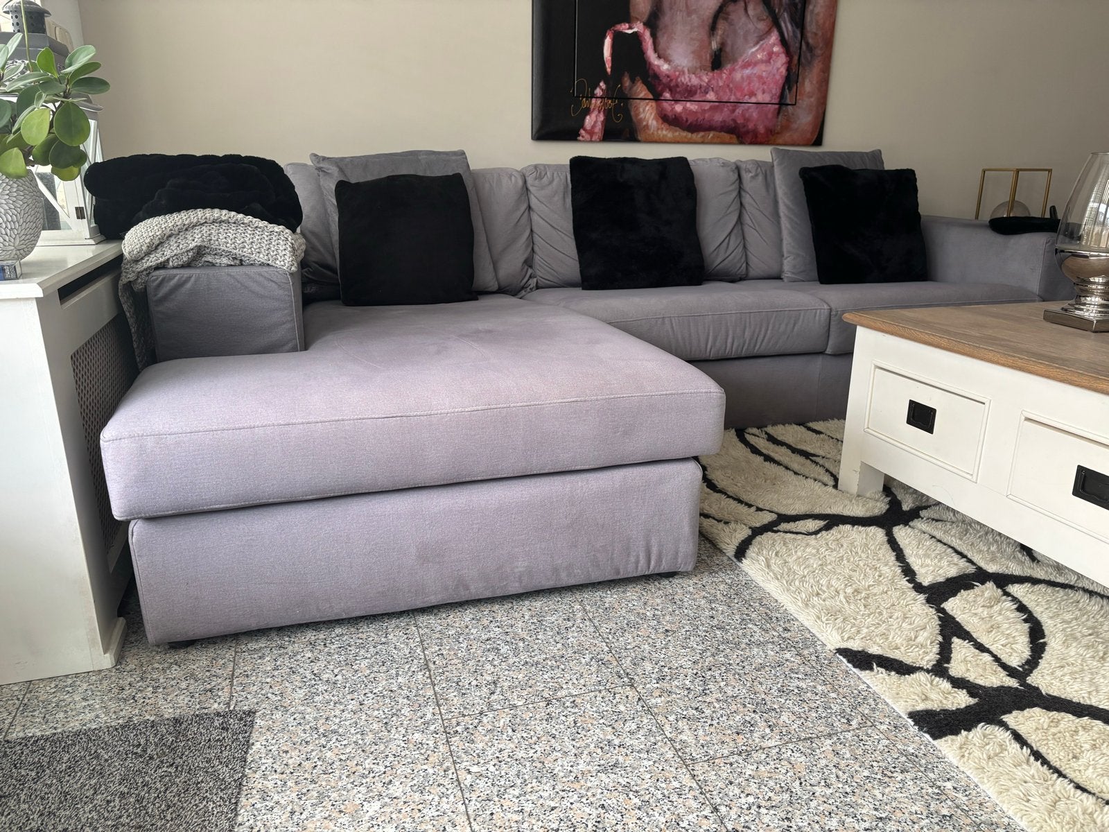 Grijze hoekbank met chaise longue, 250 tot 300 cm, Gebruikt, Hoekbank, Ophalen of Verzenden