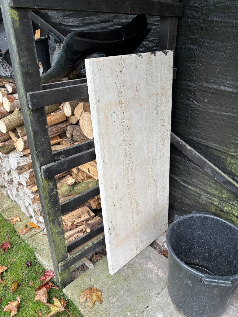 natuursteen travertin tafelblad 120 x55, Tuin en Terras, Ophalen, Gebruikt, Rechthoekig, Overige materialen