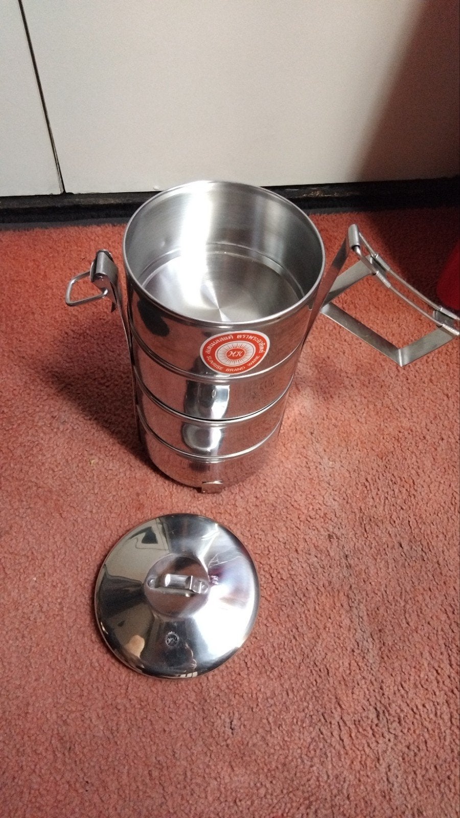 Vintage roestvrijstalen tiffin lunchbox - 4 lagen, Ophalen, Zilver, Metaal, Overige merken