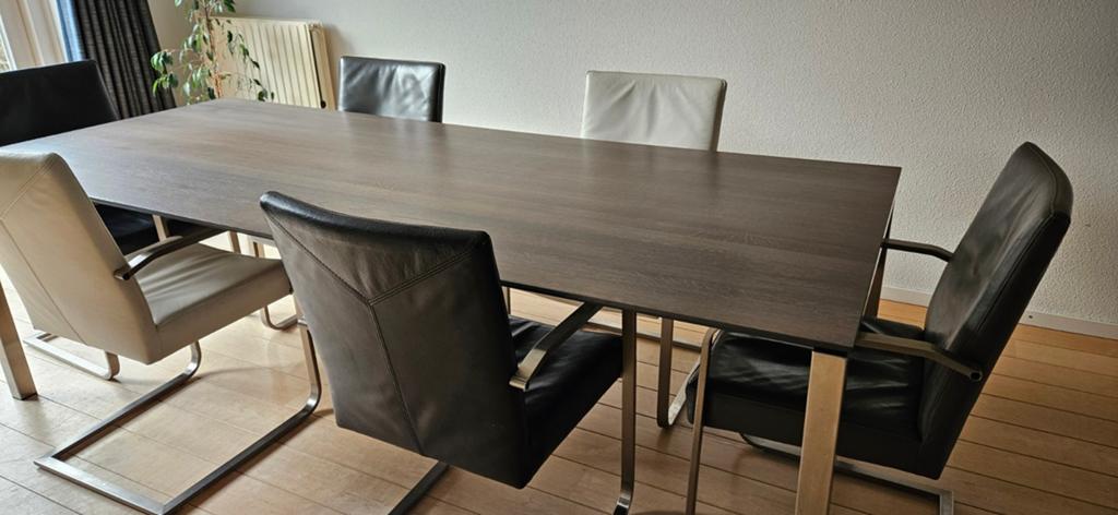 Prachtige moderne grote eettafel met 6 leren stoelen, Ophalen, Gebruikt, 6 tot 8 stoelen