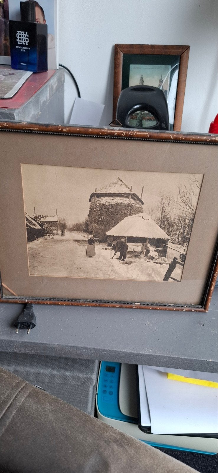 Oude foto van een winterlandschap in lijst, Minder dan 50 cm, Gebruikt, Ophalen of Verzenden, Foto of Poster