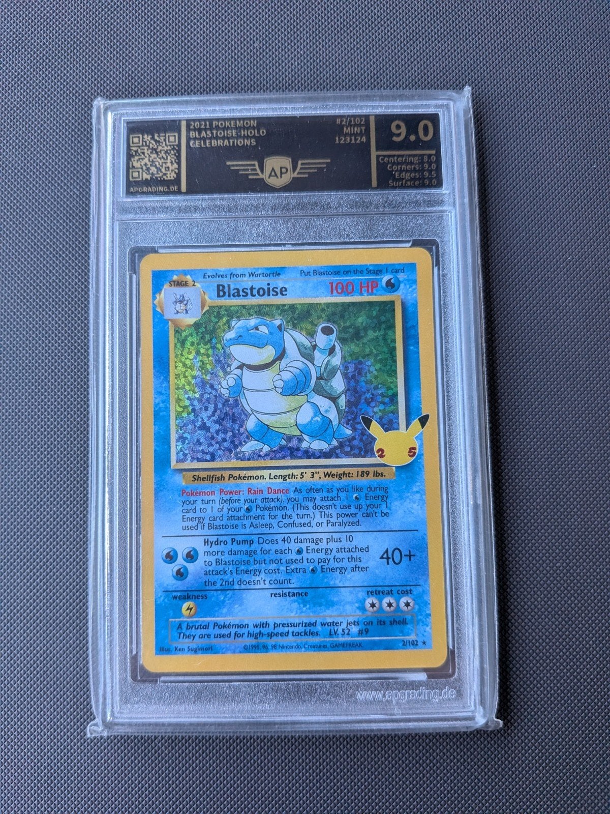 Pokémon Blastoise Holo Celebrations AP Grading 9.0, Ophalen of Verzenden, Zo goed als nieuw, Losse kaart