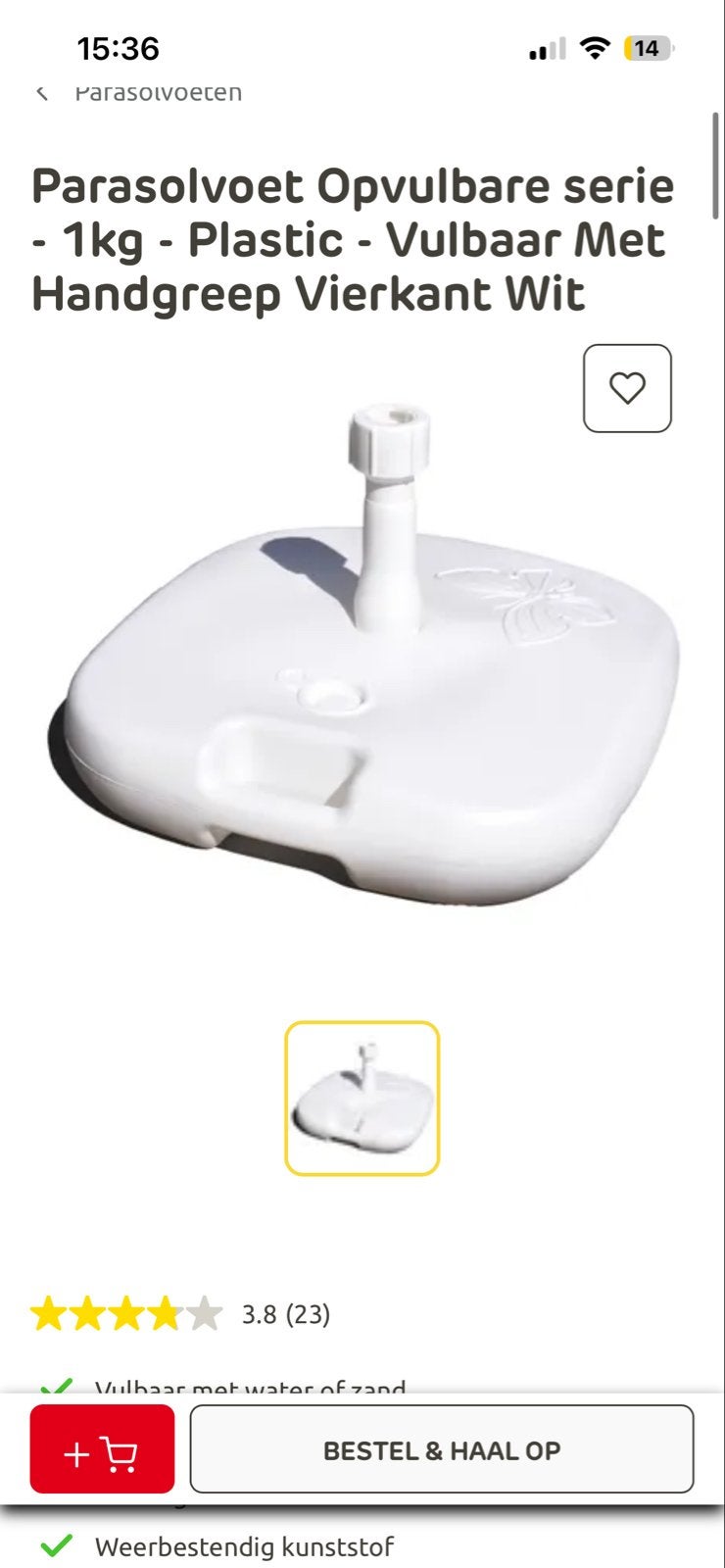 Parasolvoet Opvulbaar - 1kg - Plastic - Wit, Ophalen, Nieuw, Minder dan 1 meter, Parasolvoet