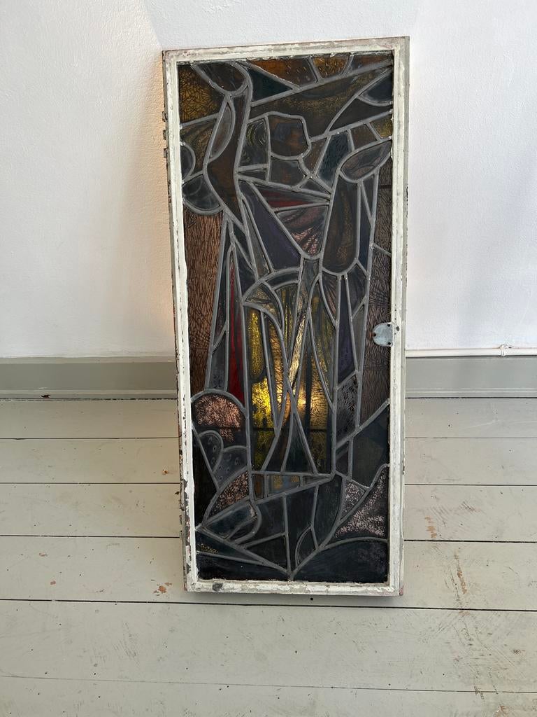 Gebrandschilderd glas in loodraam in stalen frame, Antiek en Kunst, Ophalen