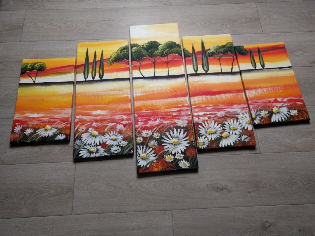 Vijfdelig schilderij op canvas doek, Huis en Inrichting, Ophalen, Oorspronkelijke maker, 125 cm of meer, Zo goed als nieuw