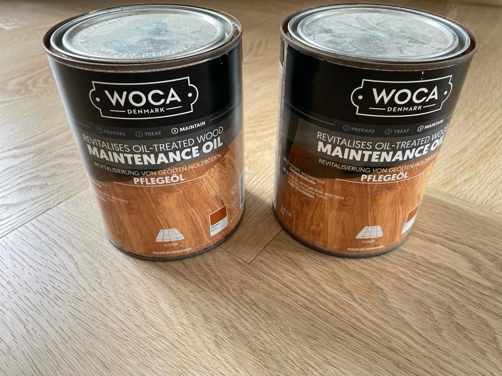 WOCA Onderhoudsolie voor geoliede houten vloeren (2x 1L), Doe-het-zelf en Verbouw, Bruin, Nieuw, Beits, Ophalen of Verzenden
