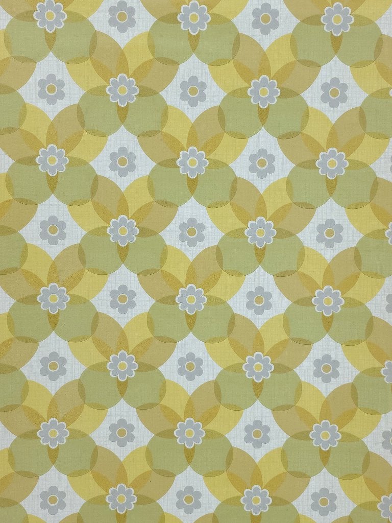 5418 retro behang geel wit blauwgrijs bloemenpatroon swiet, Ophalen of Verzenden, Groen
