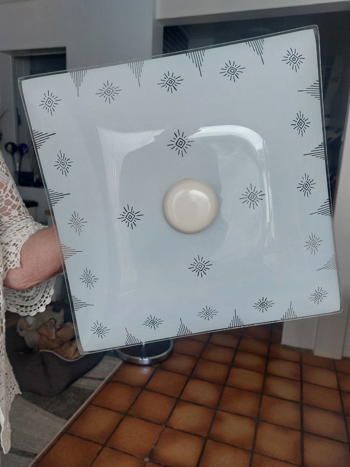 Vintage glazen plafonnière in mooie staat, Ophalen, Gebruikt, Glas, Plafondlamp