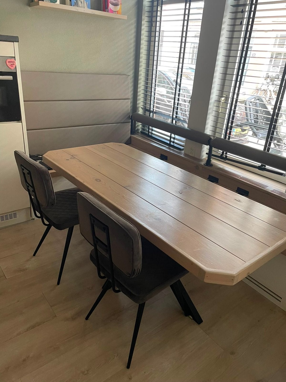 Houten eettafel met stalen X-poot en 2 stoelen, Ophalen, 100 tot 150 cm, Eikenhout, Tot twee personen