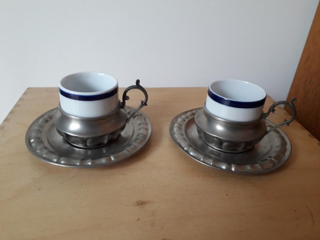 2x Kop en schotel tin en porselein, Ophalen of Verzenden