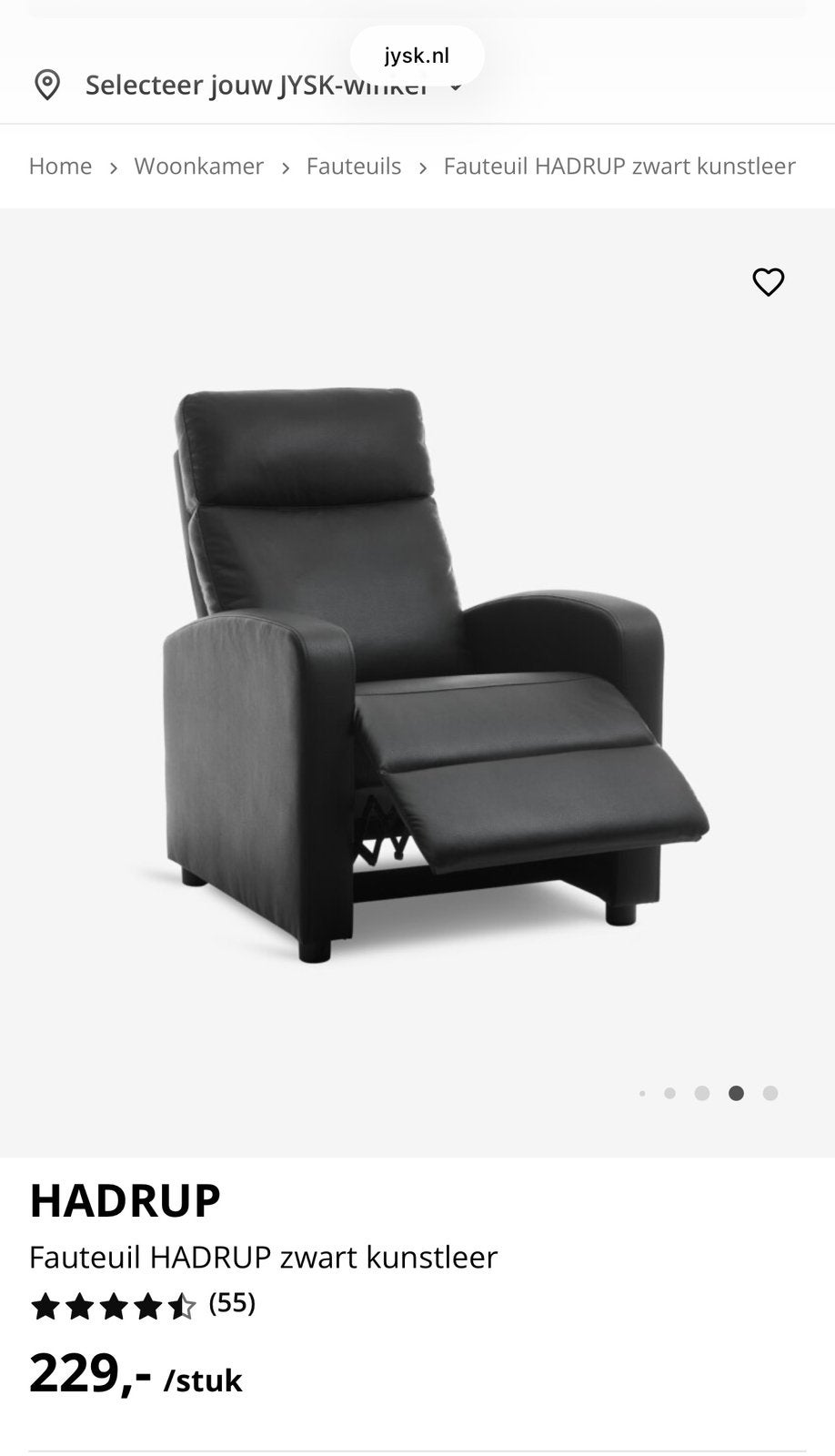 2x Fauteuil HADRUP zwart kunstleer van Jysk, Ophalen, Zo goed als nieuw, 75 tot 100 cm, 50 tot 75 cm