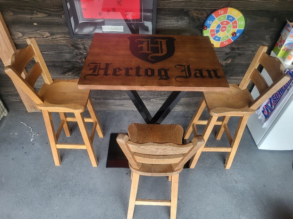 3 mooie barkrukken met rugleuning en voetsteun hout mancave, Ophalen, Gebruikt, Met voetsteun, 60 tot 90 cm