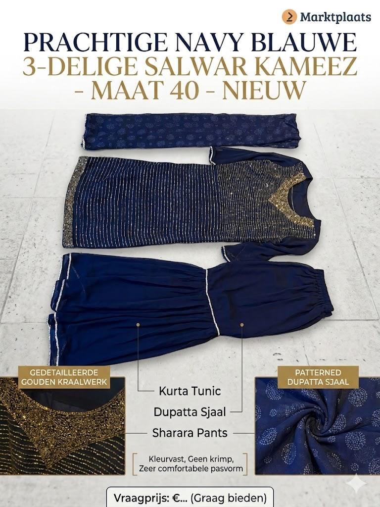Prachtige Blauwe 3-delige Salwar Kameez - Maat 40, Ophalen of Verzenden, Zo goed als nieuw