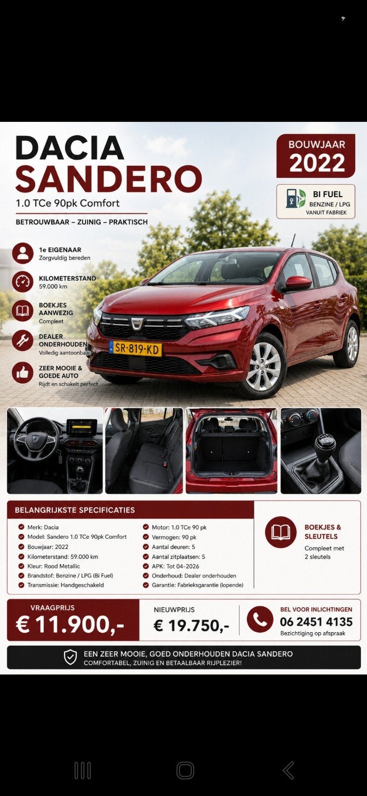 Dacia Sandero bifuel (Benzine én LPG) 2022 68000 KM, Auto's, Particulier, Te koop