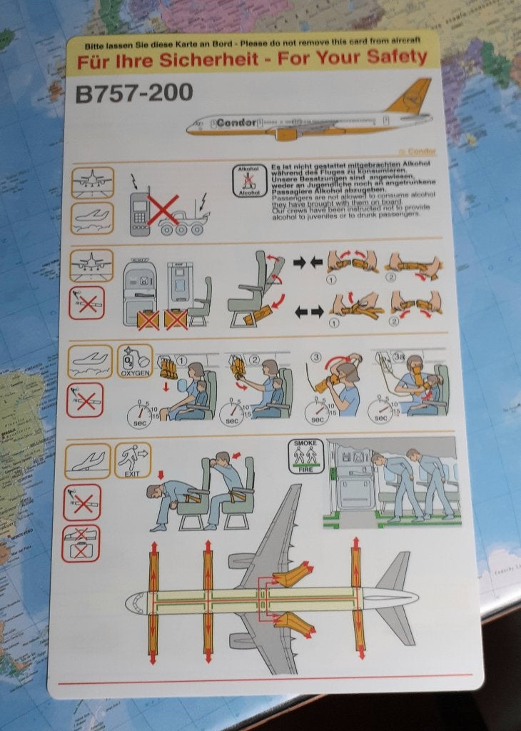 Condor - Safety card  B-757-200 en heel oud, Verzamelen, Verzenden, Zo goed als nieuw, Kaart, Foto of Prent