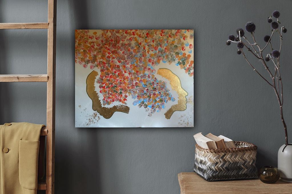 Abstract schilderij “2 gezichten”  23 3/4 krt echt bladgoud, Ophalen of Verzenden