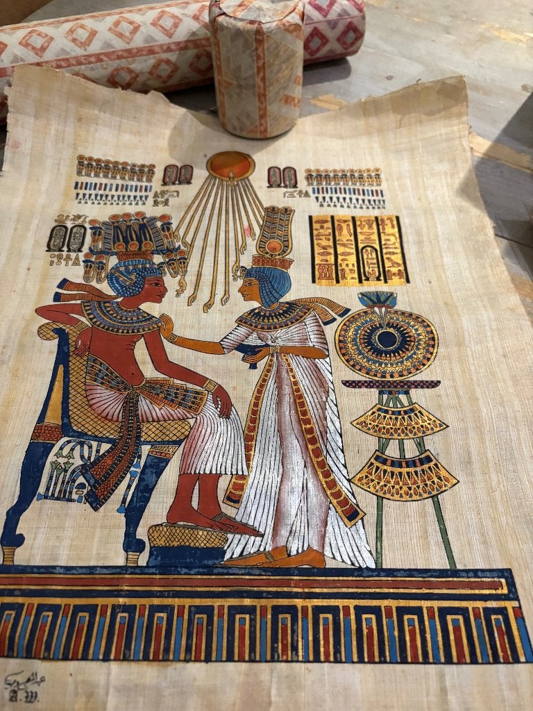 Handgeschilderde Egyptische afbeelding op papyrusrol, Antiek en Kunst, Kunst | Niet-Westerse kunst, Natuurlijk materiaal, Afrika
