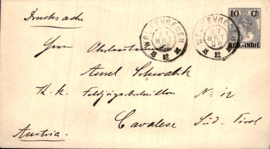 Nederlands Indië - Zuid-Tirol - 1908, Postzegels en Munten, Brieven en Enveloppen | Nederland, Verzenden, Envelop