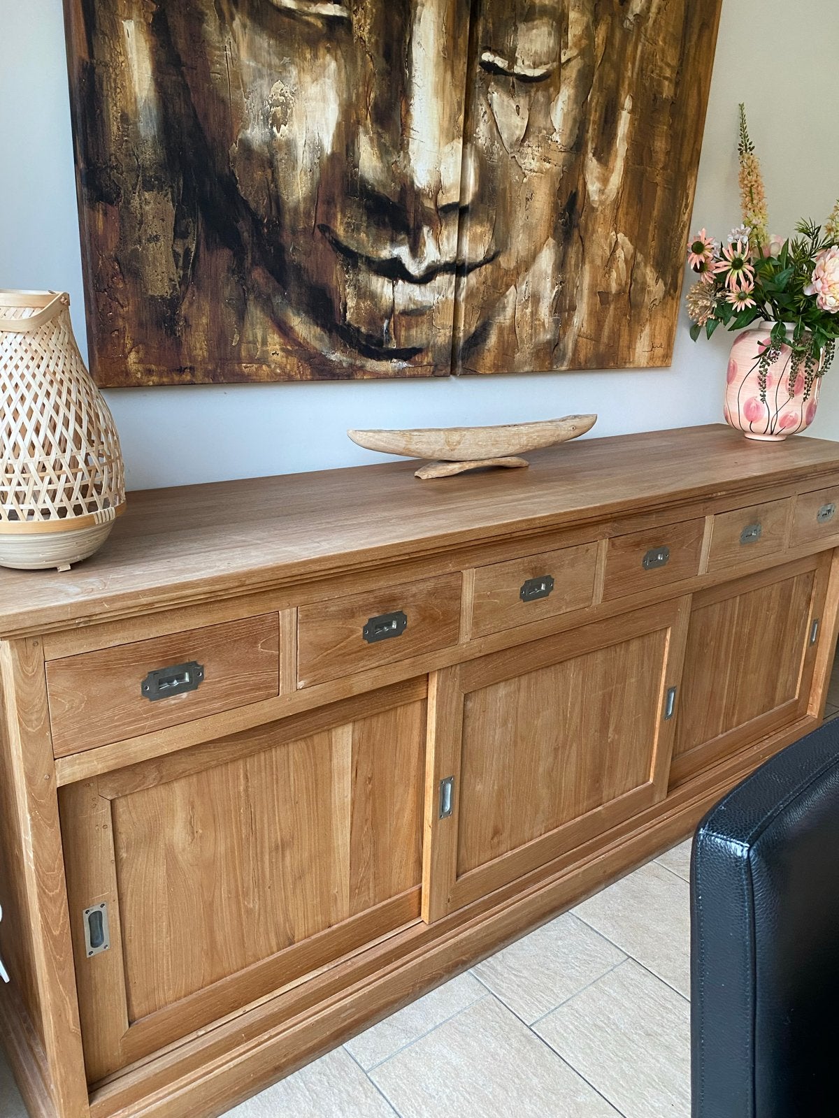 Teakhouten dressoir met schuifdeuren en lades, Ophalen, Teakhout, Zo goed als nieuw, 200 cm of meer