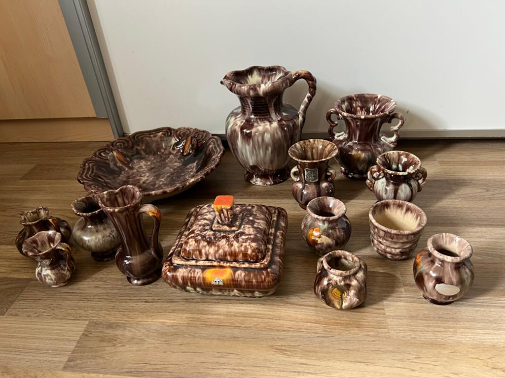Vintage Jasba aardewerk set, bruin gespikkeld, 14 stuks, Ophalen