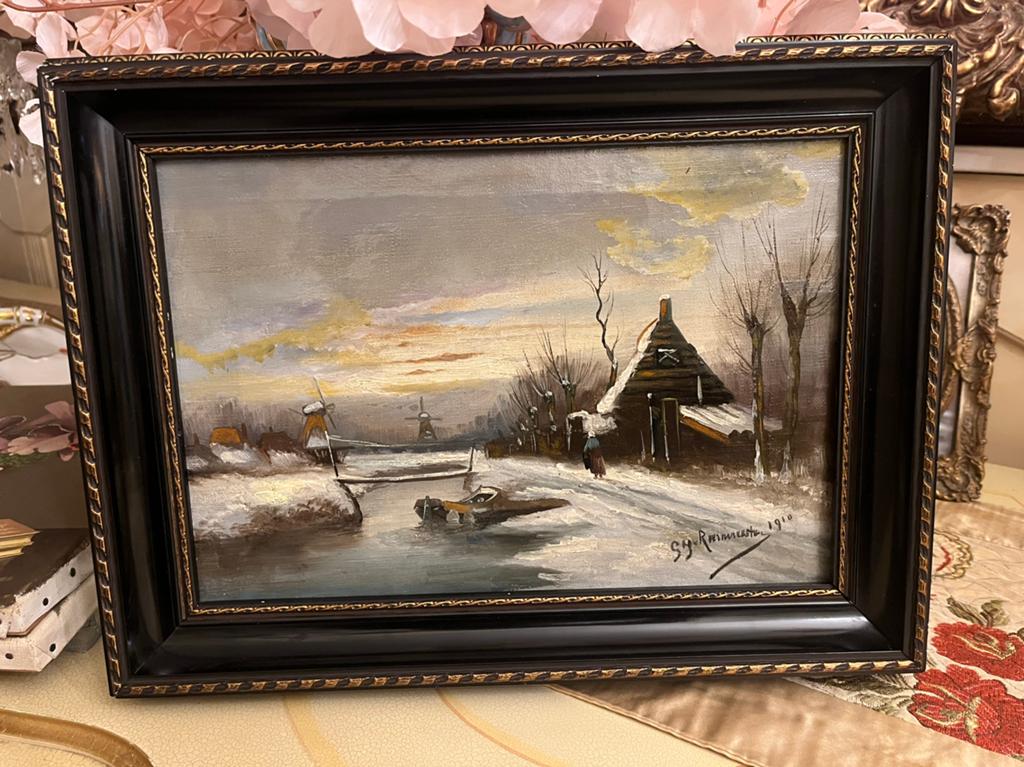 Antiek olieverf winterlandschap schilderij, Ophalen of Verzenden