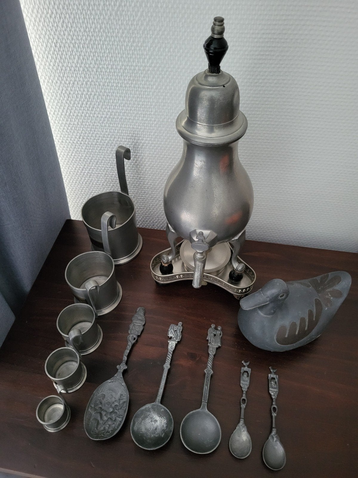 mooi oud Tinnen Setje schenkkan dik 80 jaar oud, Diversen, Ophalen of Verzenden, Gebruikt