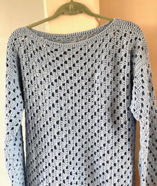 * Lichtblauwe hand gehaakte langere trui - 50% katoen  zgan, Kleding | Dames, Truien en Vesten, Blauw, Maat 42/44 (L), Ophalen of Verzenden