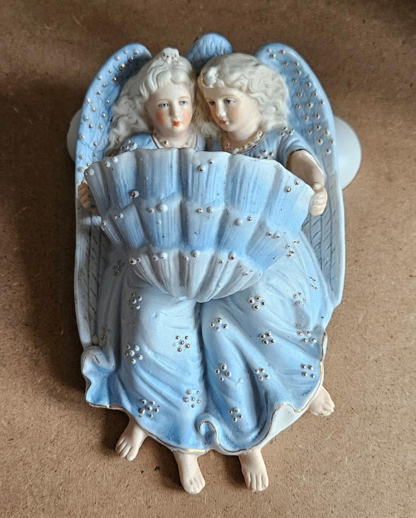 Wijwaterbakje met 2 engeltjes, lichtblauw, VERKOCHT Woente, Verzamelen, Ophalen of Verzenden, Nieuw, Overige typen, Christendom | Katholiek