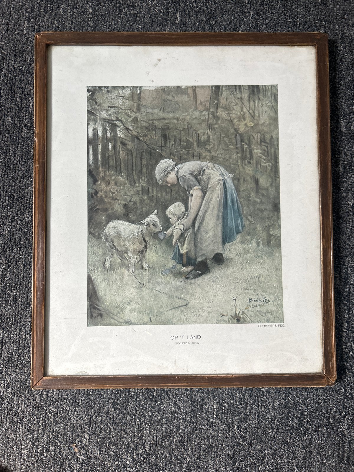 Antieke prent 'Op 't Land' van Bernard Blommers, Ophalen of Verzenden, Print, Prent, Ingelijst