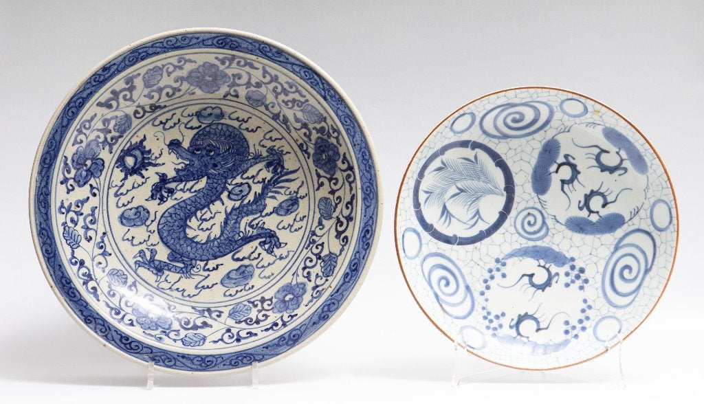 Grote blauw-wit antieke borden diam. 39 en 32 cm, Antiek en Kunst, Ophalen