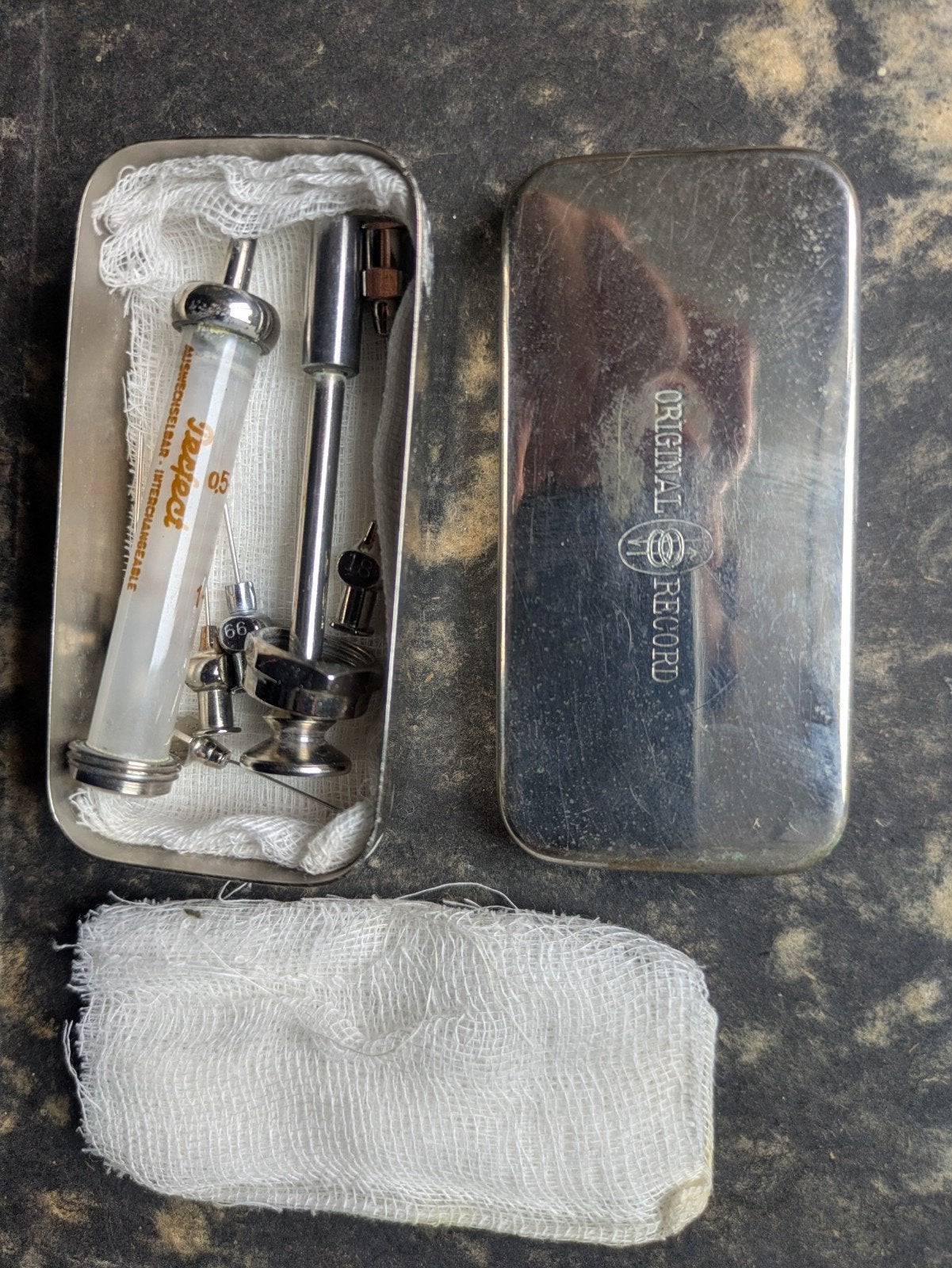 Vintage Record "Perfect" glazen injectiespuit met cassette, Ophalen of Verzenden