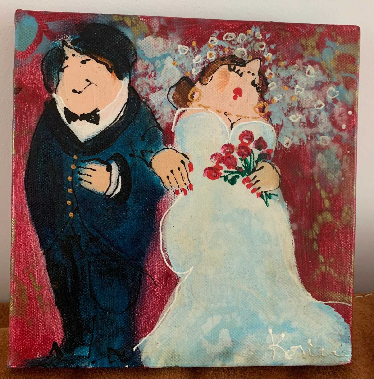 Schilderij bruidspaar, olieverf handgeschilderd, gesigneerd, Antiek en Kunst, Acrylverf, Doek, Portret of Personen, Realistisch