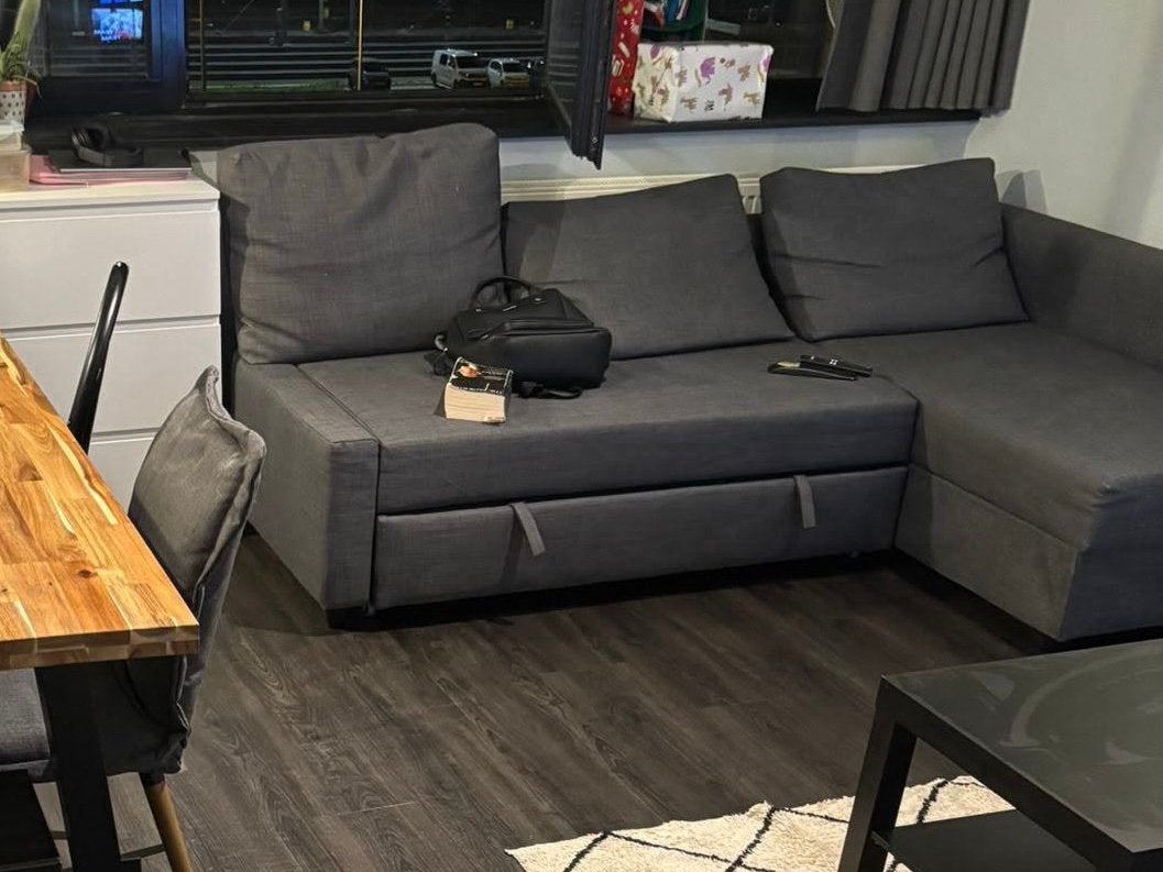 IKEA FRIHETEN hoekbank slaapbank donkergrijs nieuw, Ophalen, Zo goed als nieuw, Tweepersoons, 140 cm