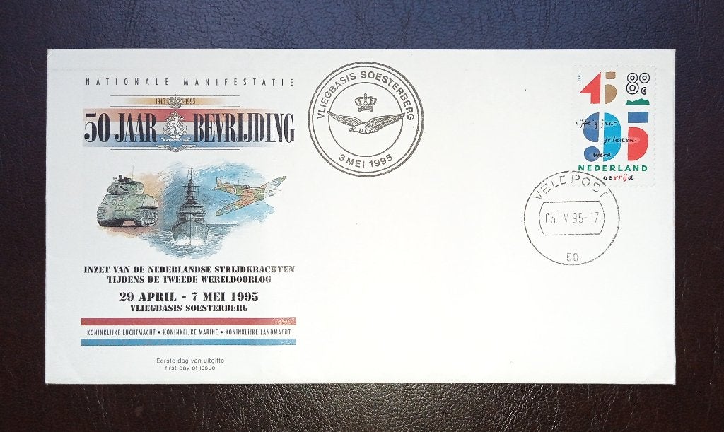 FDC 50 jaar bevrijding, vliegbasis Soesterberg 1995 + inleg, Verzenden, Onbeschreven, Nederland