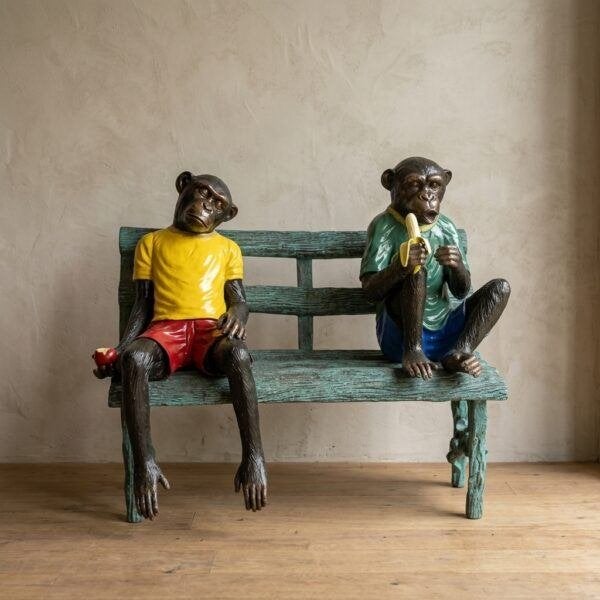 29224 Chimpansees op een Tuinbank Brons 1,12 m, Ophalen, Brons, Beeld
