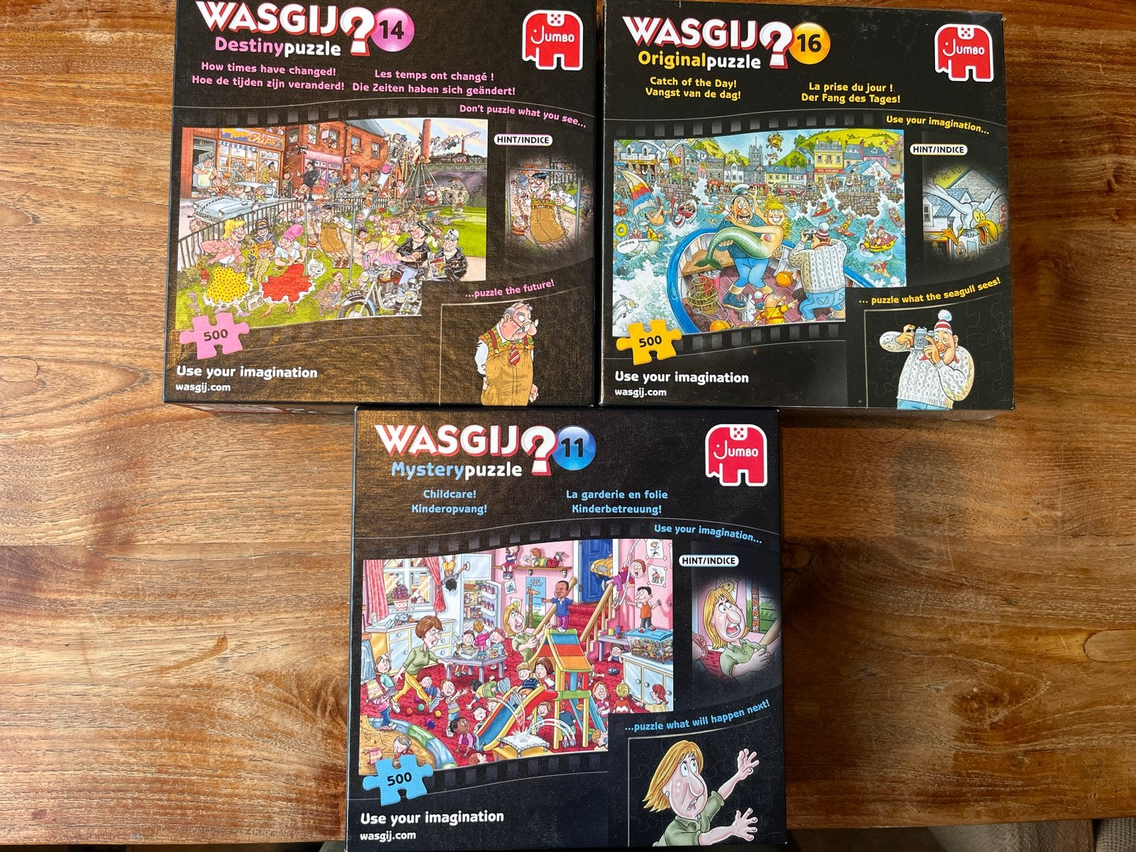 3 Wasgij Puzzels: Destiny 14, Mystery 11, Original 16, Ophalen of Verzenden, 500 t/m 1500 stukjes, Gebruikt, Legpuzzel
