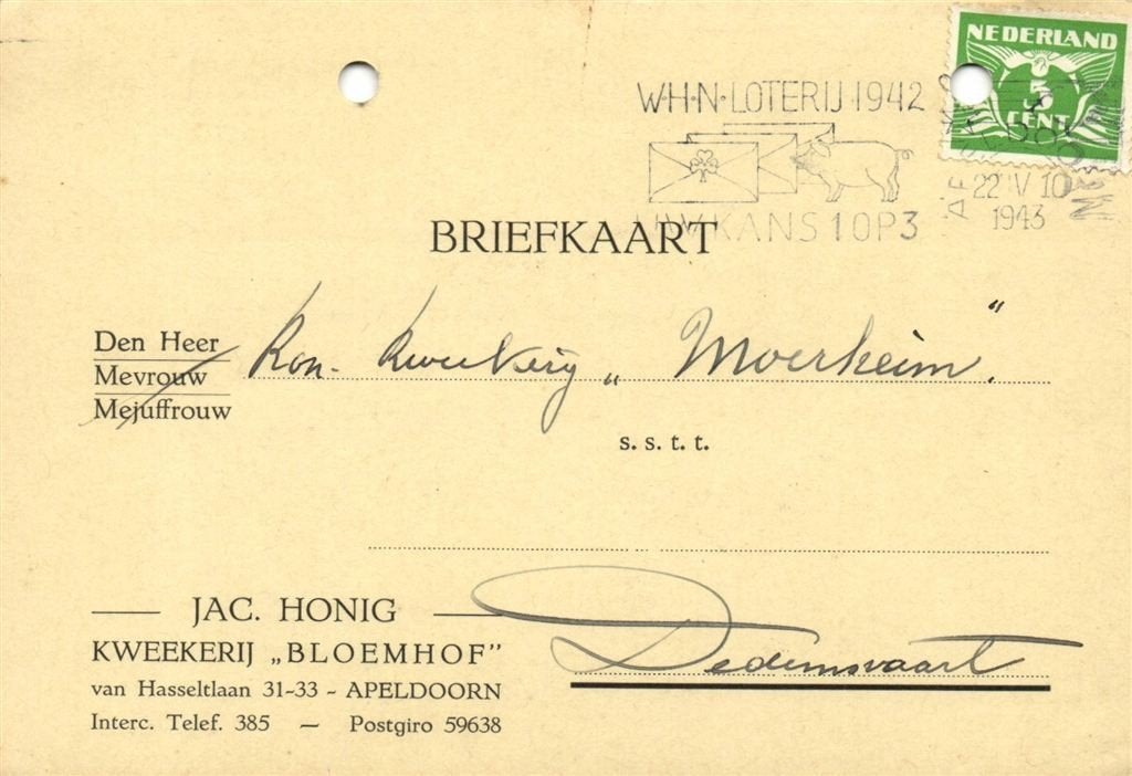 Kweekerij Bloemhof, Apeldoorn - 04.1943 - briefkaart, Ophalen of Verzenden, Briefkaart