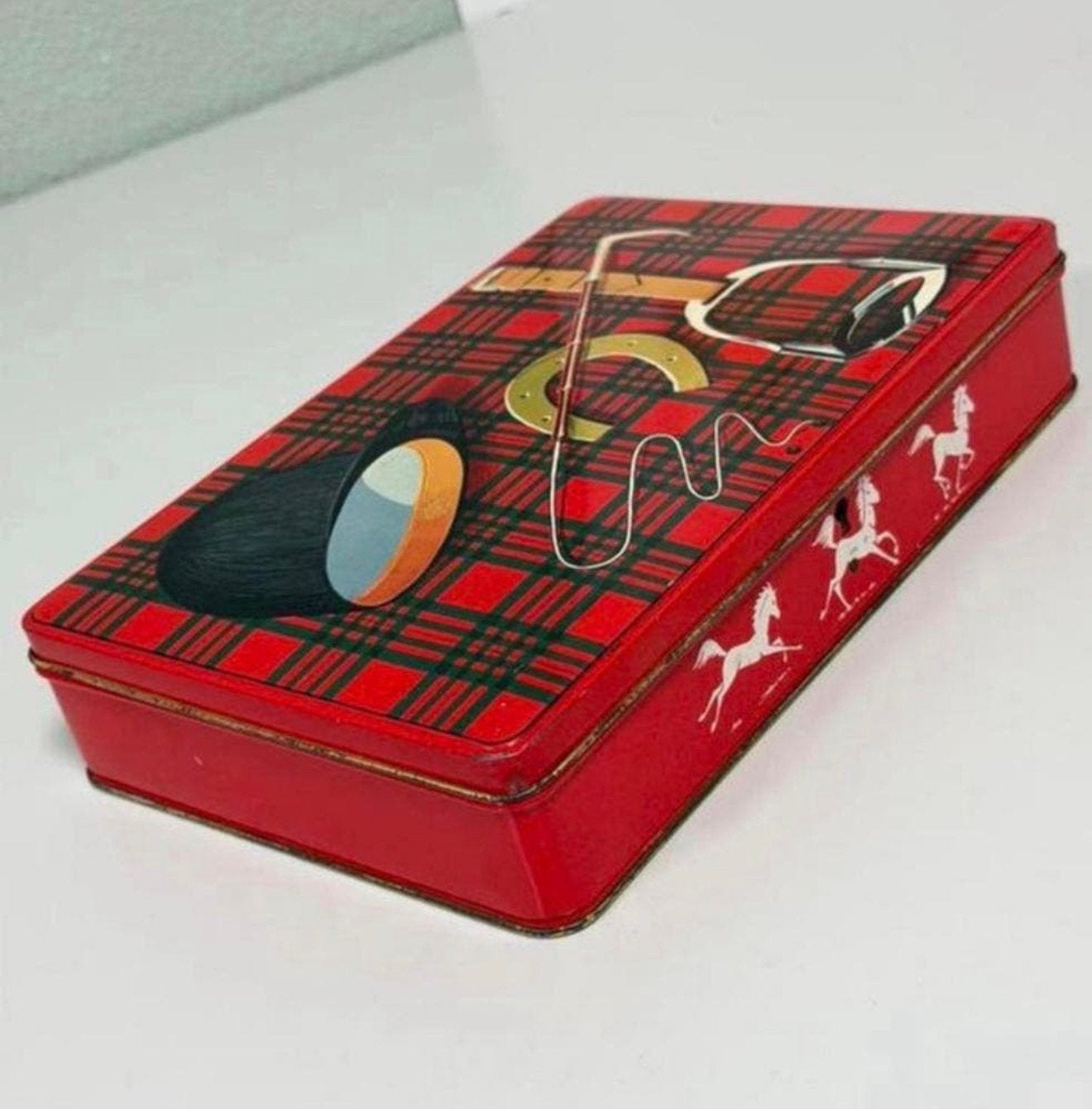 Vintage Paardensport Blik Rood Tinnen Opbergblik met Ruiter, Ophalen of Verzenden