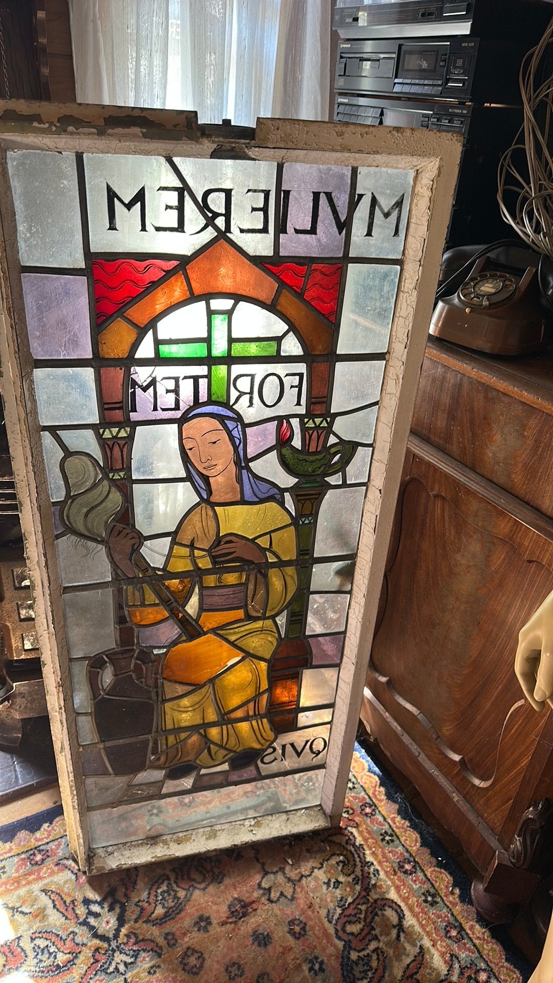 Antiek Glas-in-lood Raam met Bijbelse Voorstelling, Ophalen