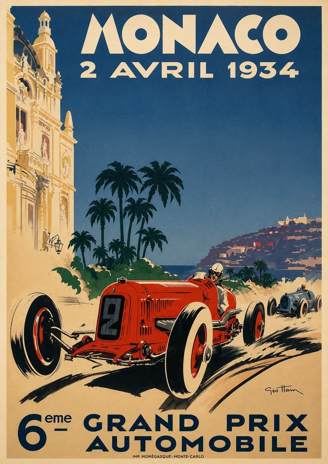 Vintage Monaco Grand Prix 1934 Poster - Geo Ham, Ophalen of Verzenden