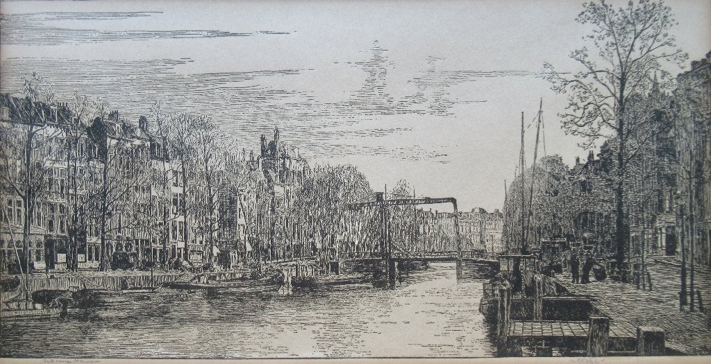 W. Bijl: Nieuwe Haven (R'dam) met Pakkenbrug, ets, c.1935, Antiek en Kunst, Ets, Stadsgezicht, Ophalen of Verzenden, Gesigneerd