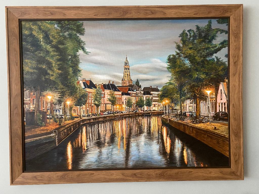 Hoge der Aa,  Groningen, bij nacht, Antiek en Kunst, Kunst | Schilderijen | Klassiek, Ophalen of Verzenden