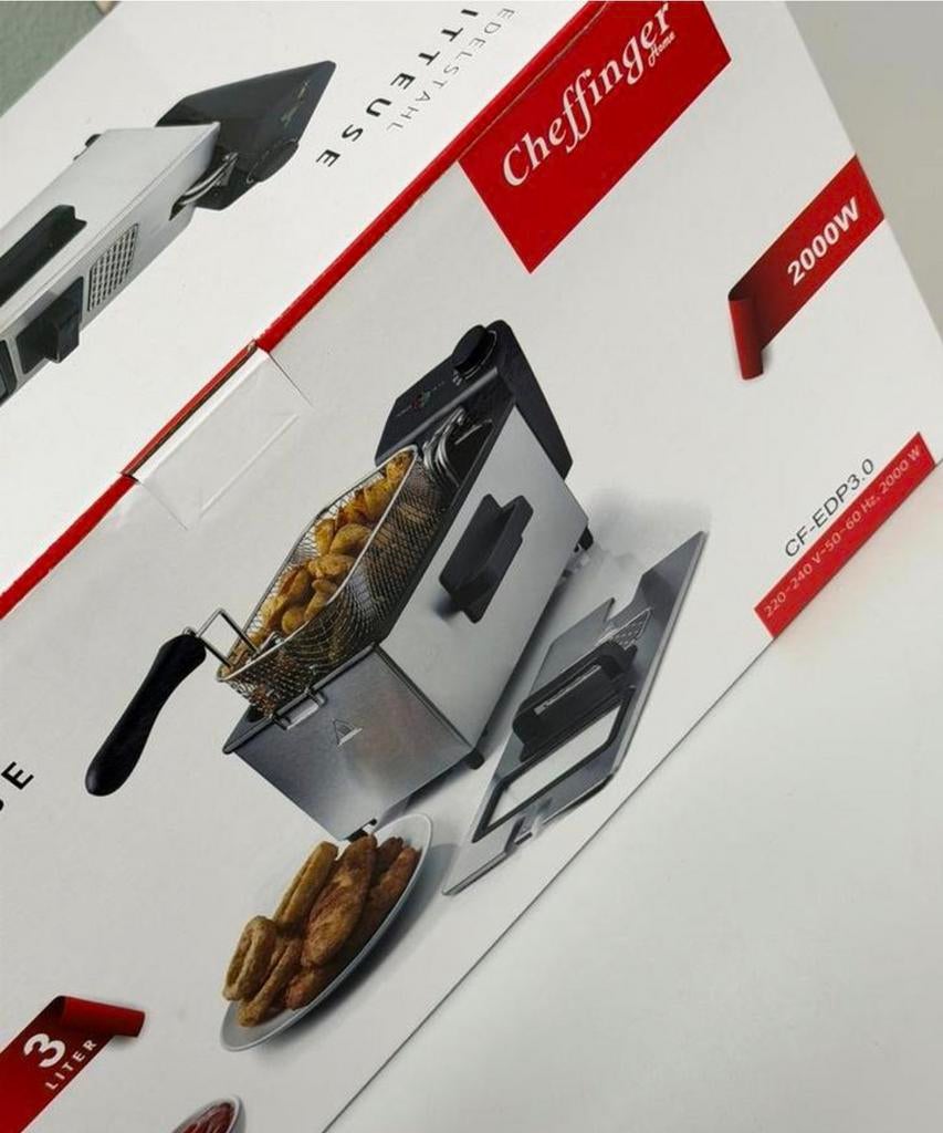 Cheffinger Frietpan 3L– 2000W – Kijkvenster & Frituurmand, Uitneembare binnenpan, Nieuw, 3 tot 4 liter, Ophalen of Verzenden
