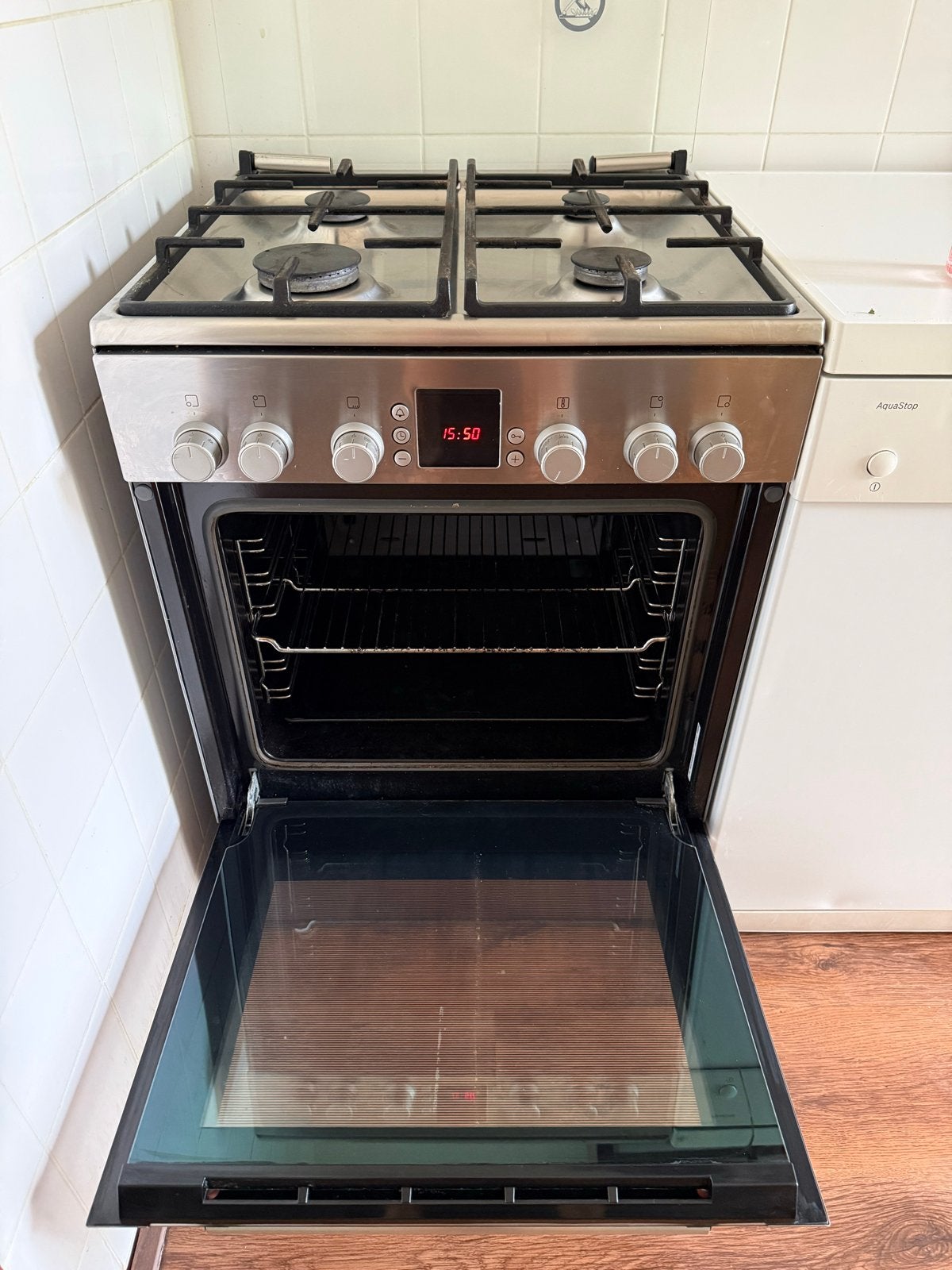 Bosch Gasfornuis met Elektrische Oven - Zilver, Witgoed en Apparatuur, Fornuizen, Ophalen, Gebruikt, 60 cm of meer, Grill